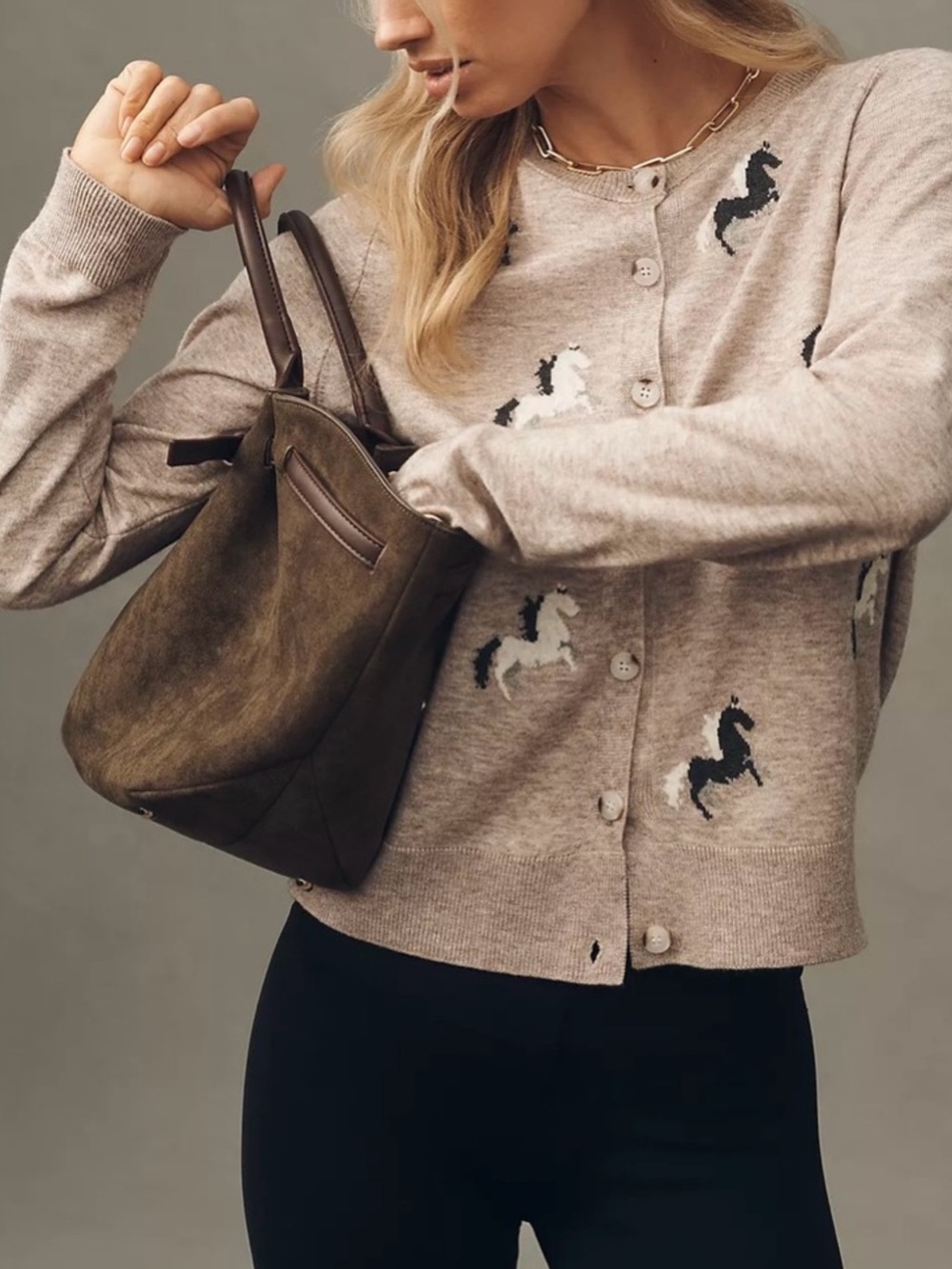 Anthropologie Maeve Horse Icon Cardigan XS Brown Heather Equestrian Whimsy NWT